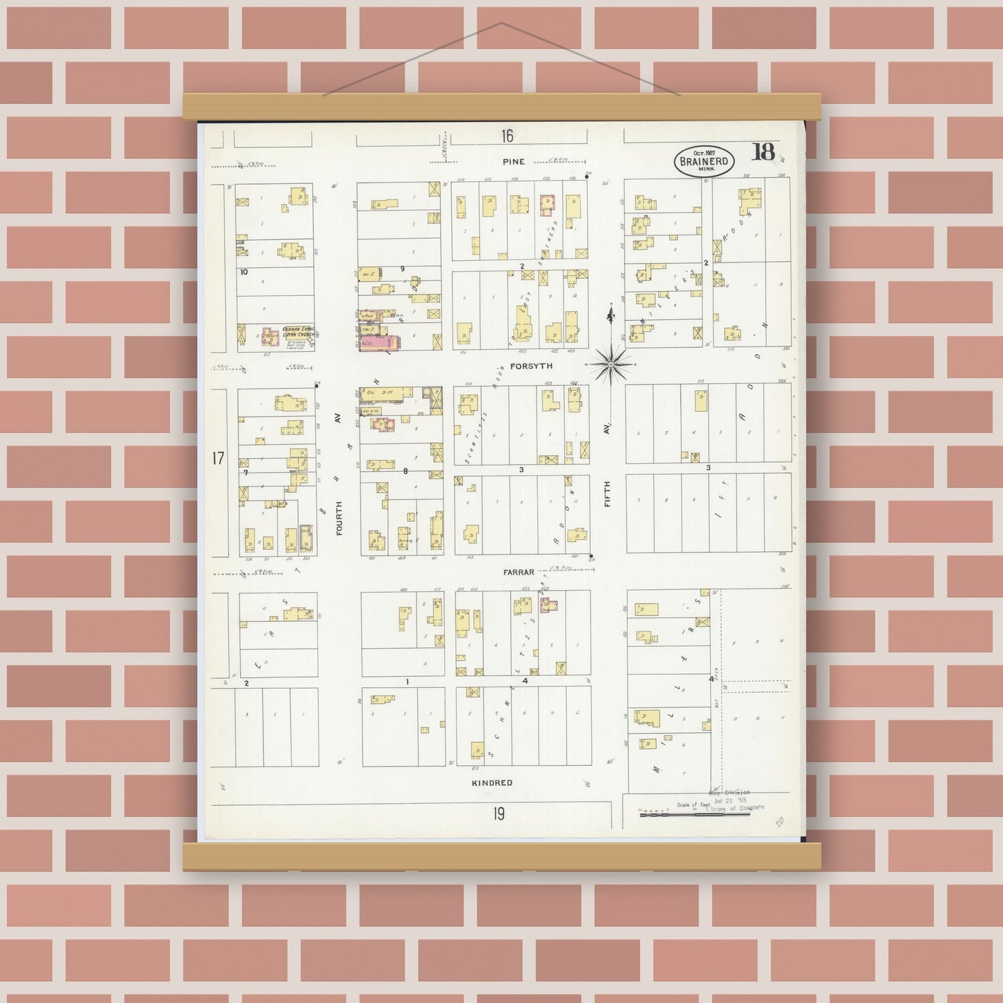 Old map wall art mockup — magnetic wood frame on brick wall — Sanborn Fire Insurance Map from Brainerd, Crow Wing County, Minnesota (1907), Sheet #0018
