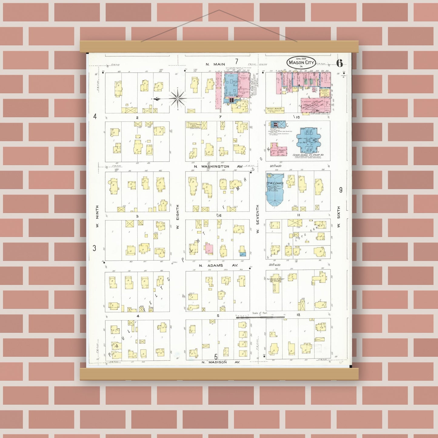 Old map wall art mockup — magnetic wood frame on brick wall — Sanborn Fire Insurance Map from Mason City, Cerro Gordo County, Iowa (1909), Sheet #0006