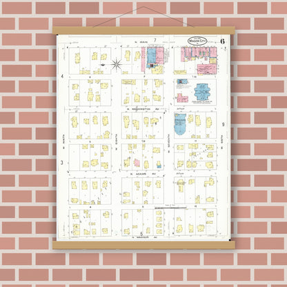 Old map wall art mockup — magnetic wood frame on brick wall — Sanborn Fire Insurance Map from Mason City, Cerro Gordo County, Iowa (1909), Sheet #0006