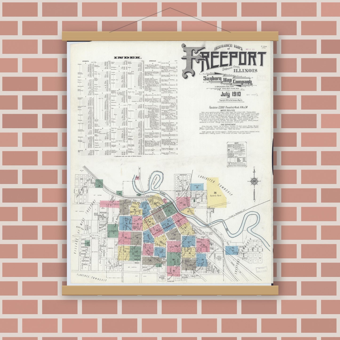 Old map wall art mockup — magnetic wood frame on brick wall — Sanborn Fire Insurance Map from Freeport, Stephenson County, Illinois (1910) - Complete Map Set