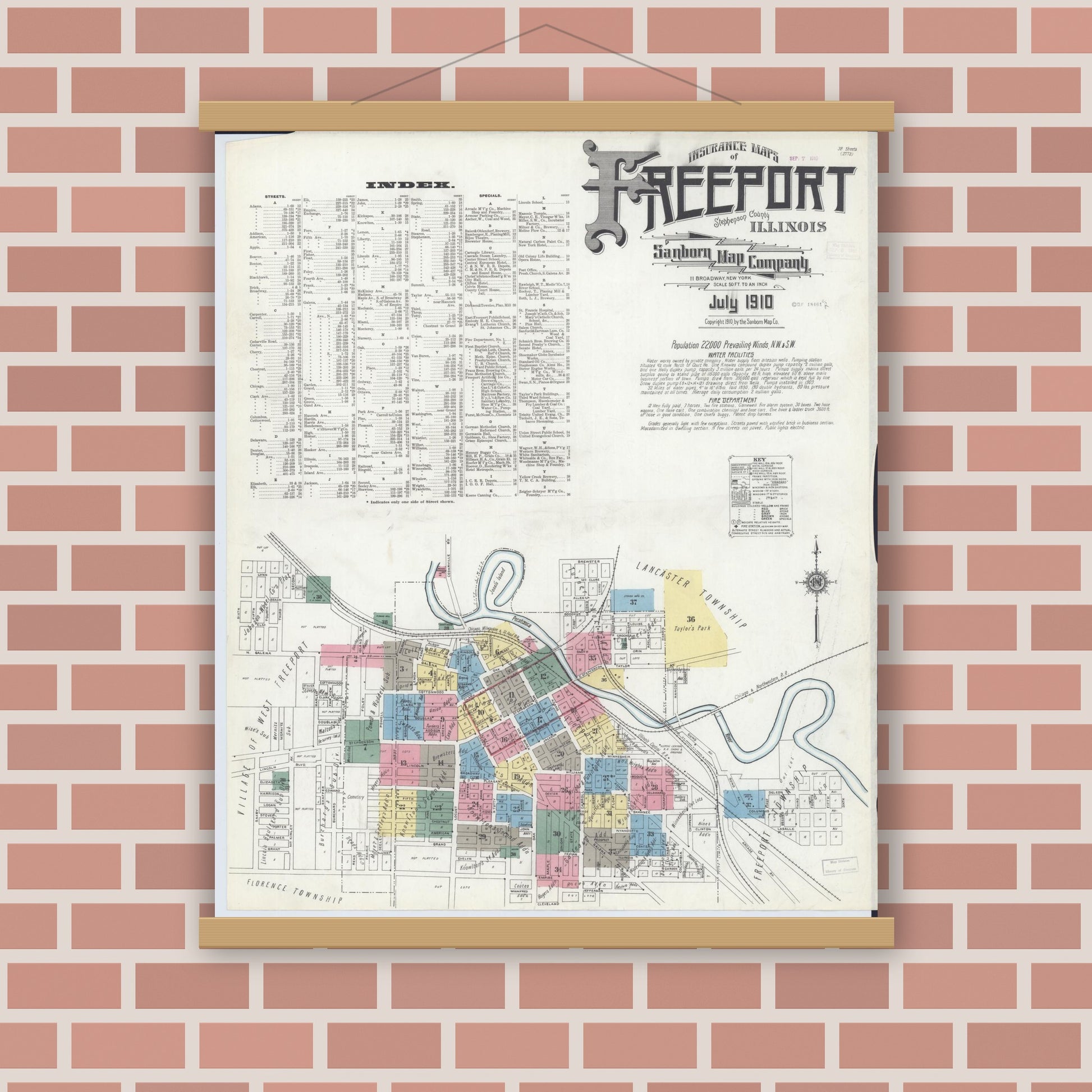 Old map wall art mockup — magnetic wood frame on brick wall — Sanborn Fire Insurance Map from Freeport, Stephenson County, Illinois (1910) - Complete Map Set