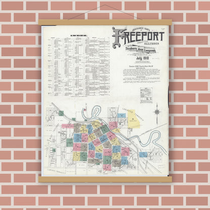 Old map wall art mockup — magnetic wood frame on brick wall — Sanborn Fire Insurance Map from Freeport, Stephenson County, Illinois (1910) - Complete Map Set