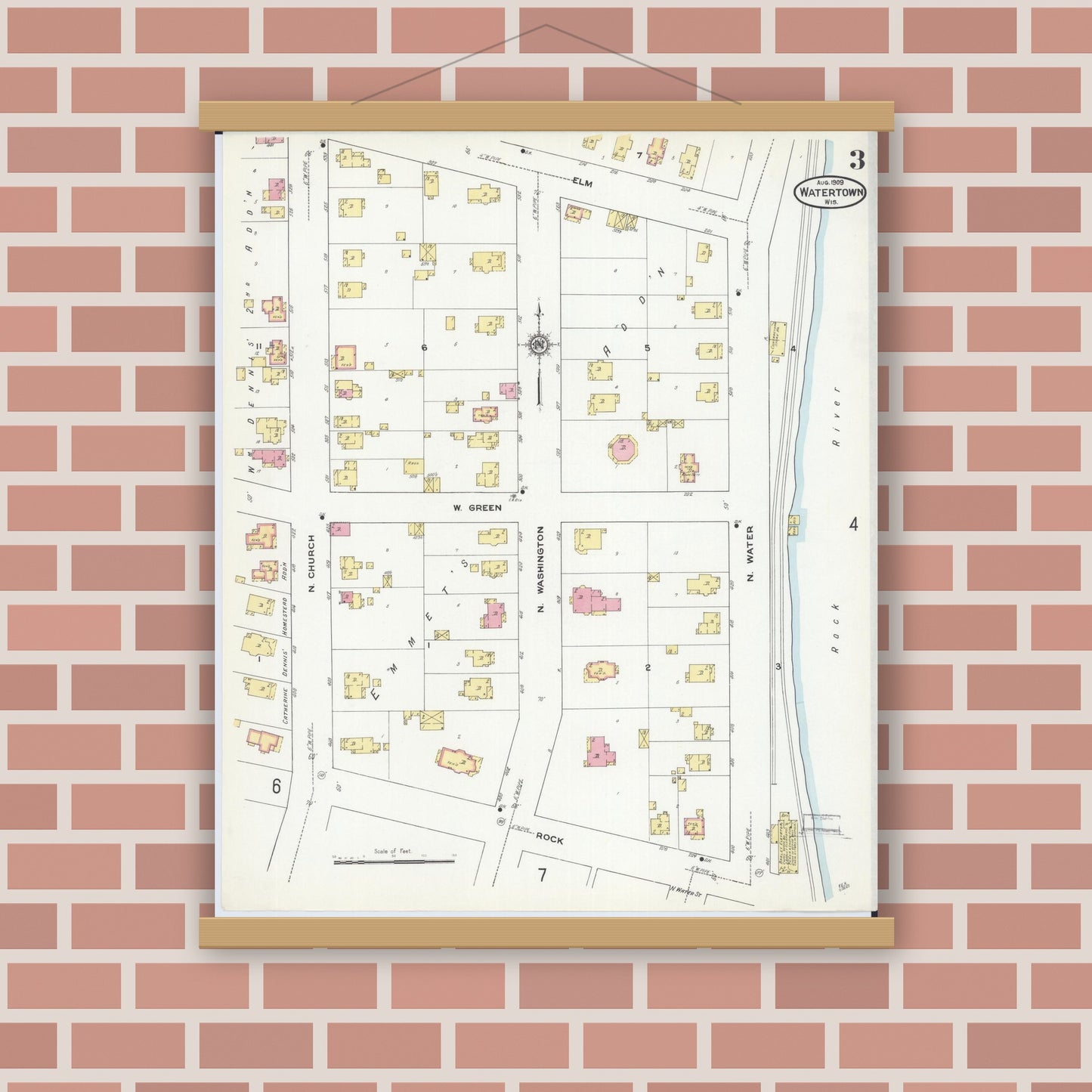Old map wall art mockup — magnetic wood frame on brick wall — Sanborn Fire Insurance Map from Watertown, Jefferson County, Wisconsin (1909), Sheet #0003