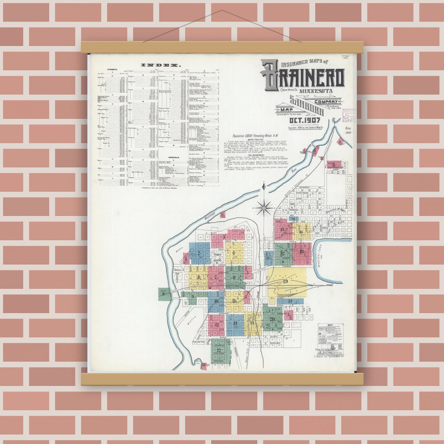 Old map wall art mockup — magnetic wood frame on brick wall — Sanborn Fire Insurance Map from Brainerd, Crow Wing County, Minnesota (1907), Sheet #0001