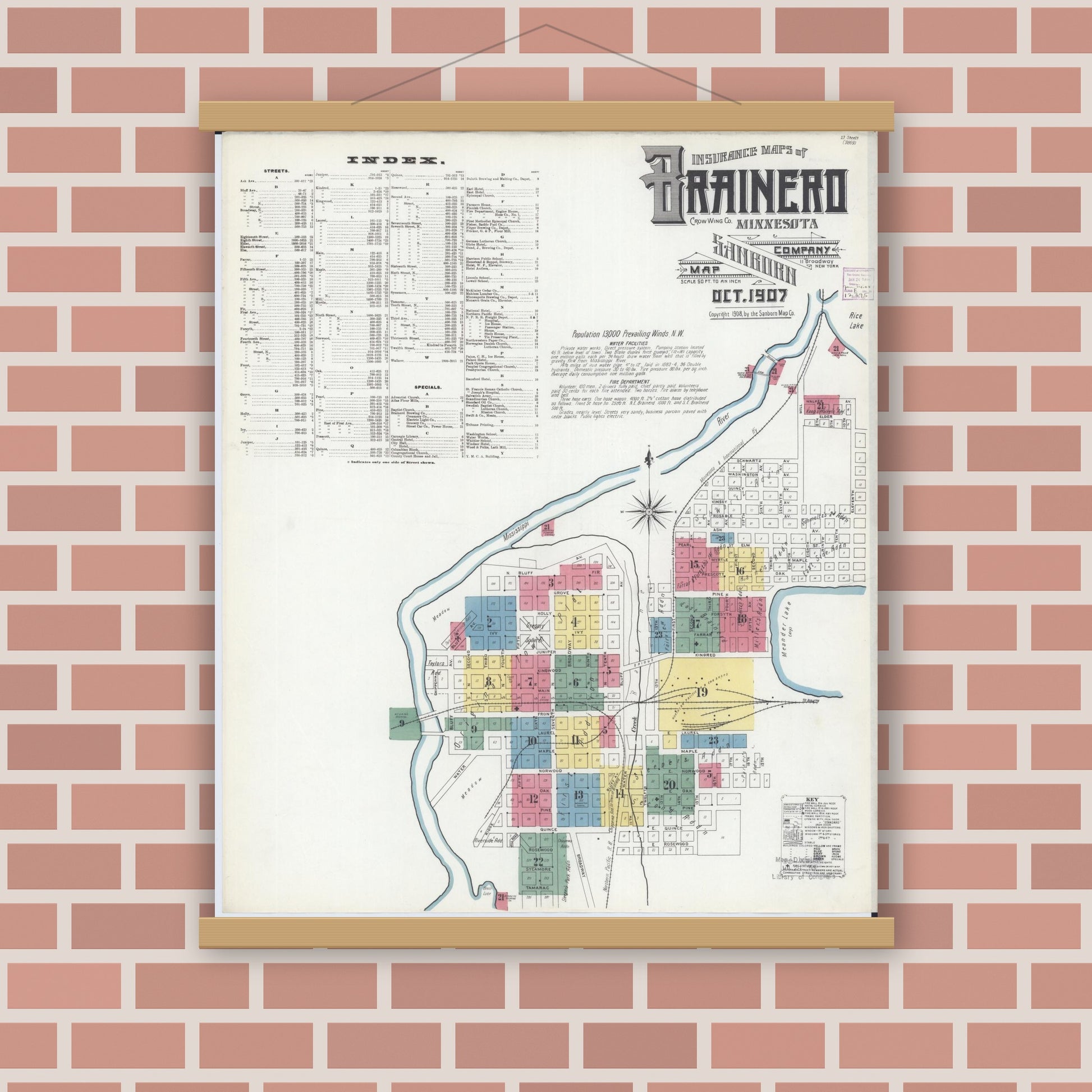 Old map wall art mockup — magnetic wood frame on brick wall — Sanborn Fire Insurance Map from Brainerd, Crow Wing County, Minnesota (1907), Sheet #0001