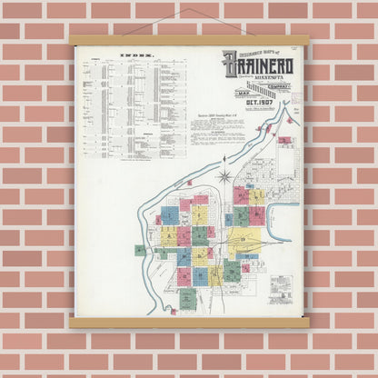 Old map wall art mockup — magnetic wood frame on brick wall — Sanborn Fire Insurance Map from Brainerd, Crow Wing County, Minnesota (1907), Sheet #0001