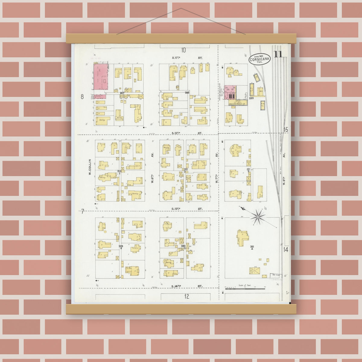 Old map wall art mockup — magnetic wood frame on brick wall — Sanborn Fire Insurance Map from Corsicana, Navarro County, Texas (1905), Sheet #0011