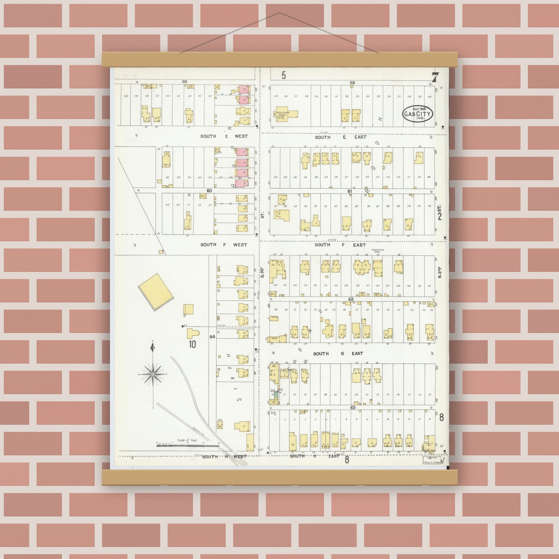 Old map wall art mockup — magnetic wood frame on brick wall — Sanborn Fire Insurance Map from Gas City, Grant County, Indiana (1904), Sheet #0007
