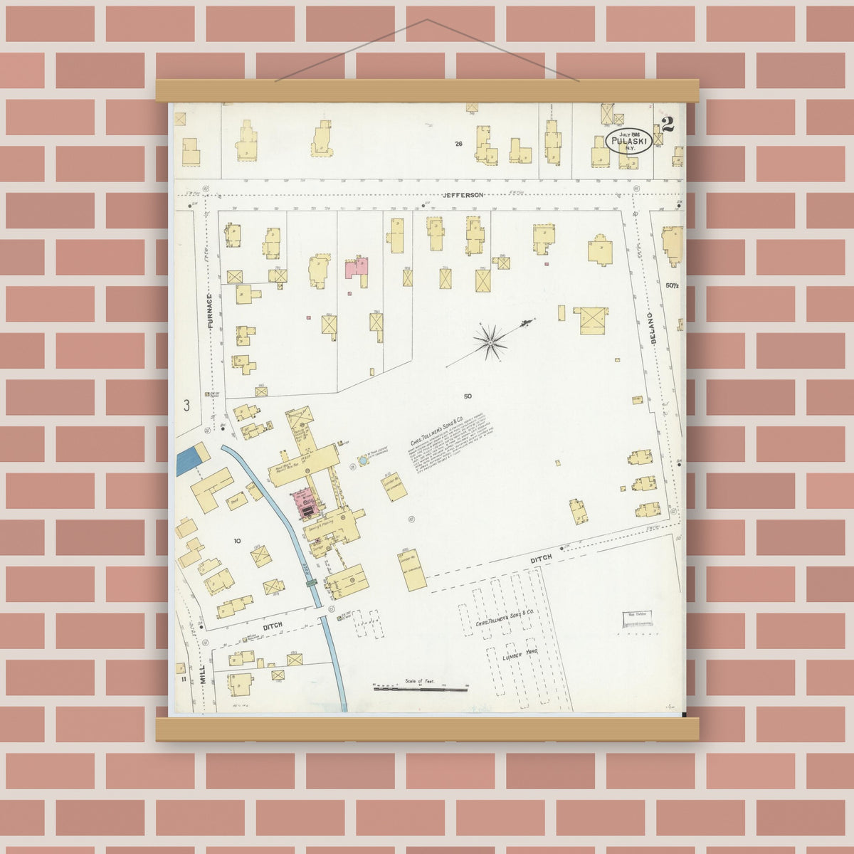 Old map wall art mockup — magnetic wood frame on brick wall — Sanborn Fire Insurance Map from Pulaski, Oswego County, New York (1906), Sheet #0002