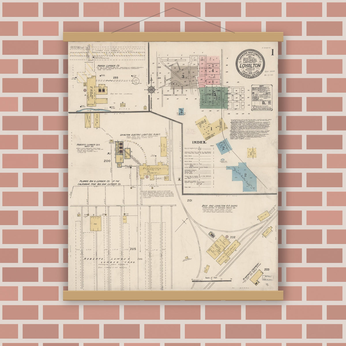 Old map wall art mockup — magnetic wood frame on brick wall — Sanborn Fire Insurance Map from Loyalton, Sierra County, California (1912) - Complete Map Set