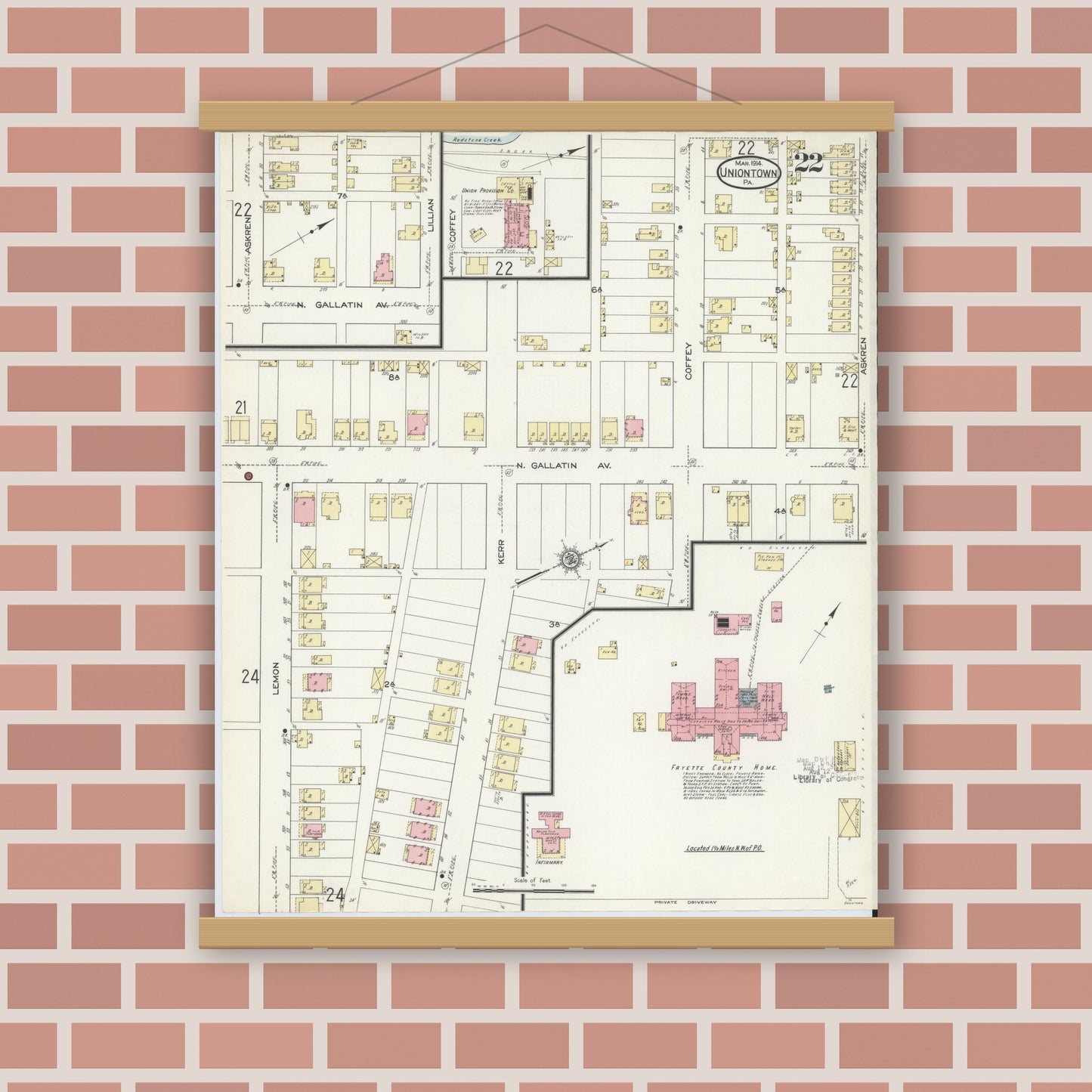 Old map wall art mockup — magnetic wood frame on brick wall — Sanborn Fire Insurance Map from Uniontown, Fayette County, Pennsylvania (1914), Sheet #0022