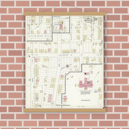 Old map wall art mockup — magnetic wood frame on brick wall — Sanborn Fire Insurance Map from Uniontown, Fayette County, Pennsylvania (1914), Sheet #0022