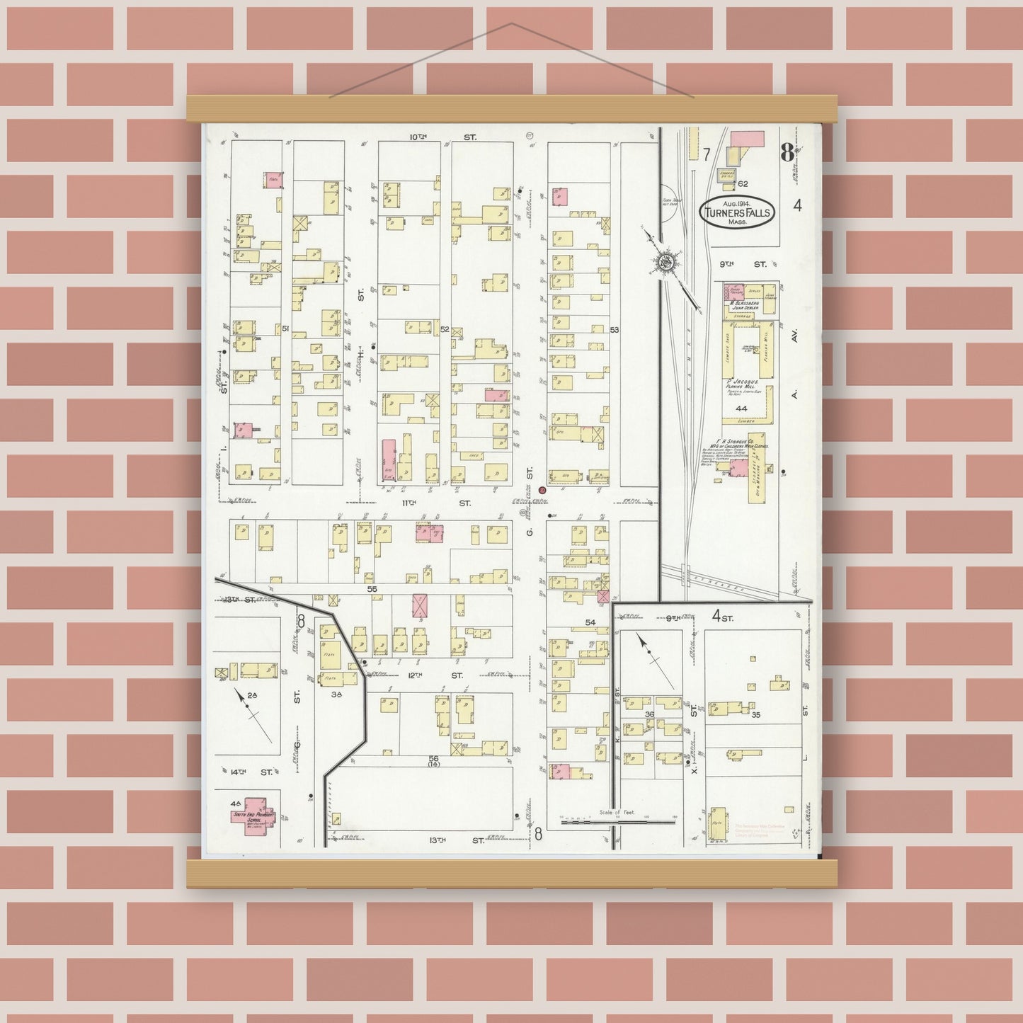Old map wall art mockup — magnetic wood frame on brick wall — Sanborn Fire Insurance Map from Turners Falls, Franklin County, Massachusetts (1914), Sheet #0008