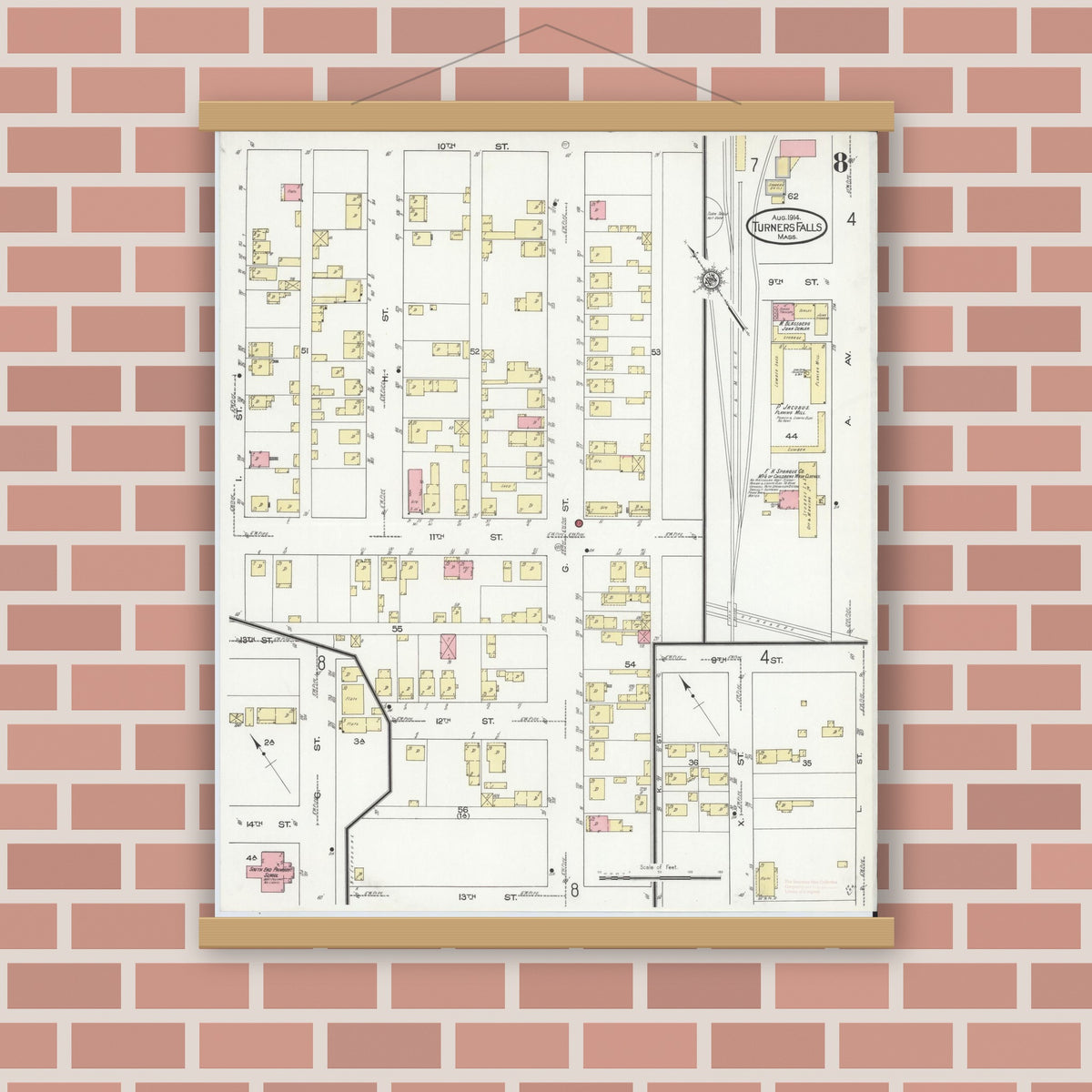 Old map wall art mockup — magnetic wood frame on brick wall — Sanborn Fire Insurance Map from Turners Falls, Franklin County, Massachusetts (1914), Sheet #0008