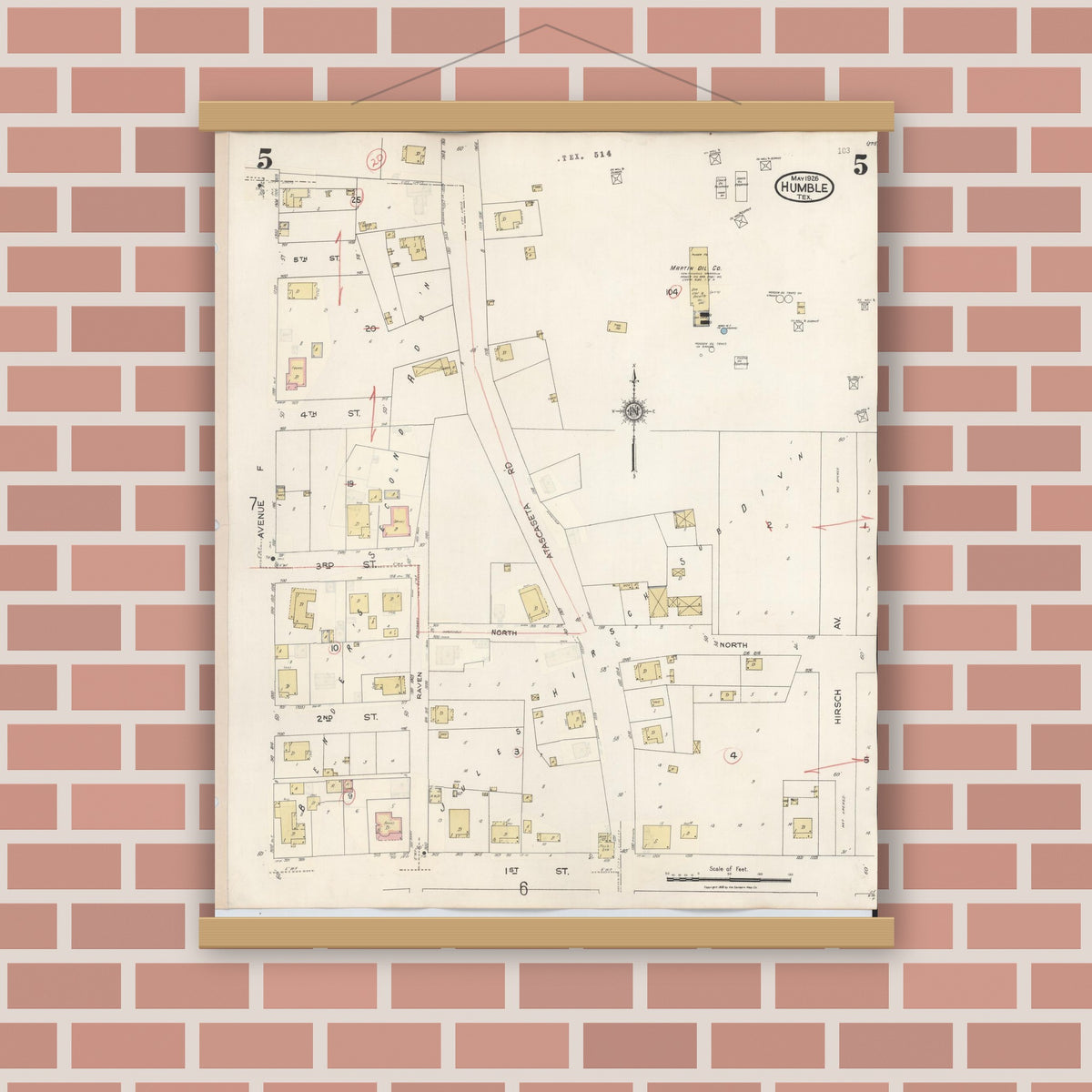 Old map wall art mockup — magnetic wood frame on brick wall — Sanborn Fire Insurance Map from Humble, Harris County, Texas (1940), Sheet #0005