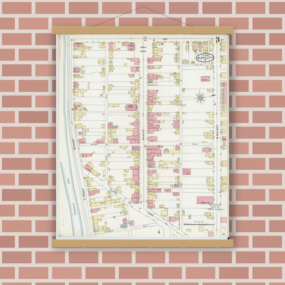 Old map wall art mockup — magnetic wood frame on brick wall — Sanborn Fire Insurance Map from Marietta, Lancaster County, Pennsylvania (1896), Sheet #0003