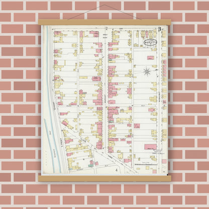 Old map wall art mockup — magnetic wood frame on brick wall — Sanborn Fire Insurance Map from Marietta, Lancaster County, Pennsylvania (1896), Sheet #0003
