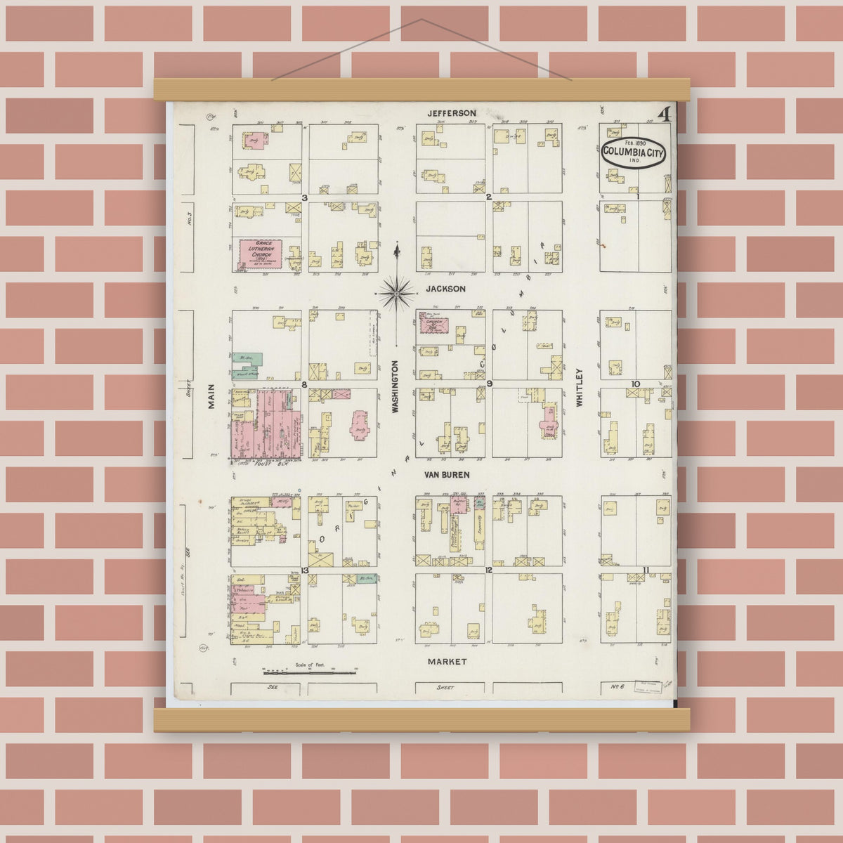 Old map wall art mockup — magnetic wood frame on brick wall — Sanborn Fire Insurance Map from Columbia City, Whitley County, Indiana (1890), Sheet #0004