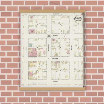 Old map wall art mockup — magnetic wood frame on brick wall — Sanborn Fire Insurance Map from Columbia City, Whitley County, Indiana (1890), Sheet #0004