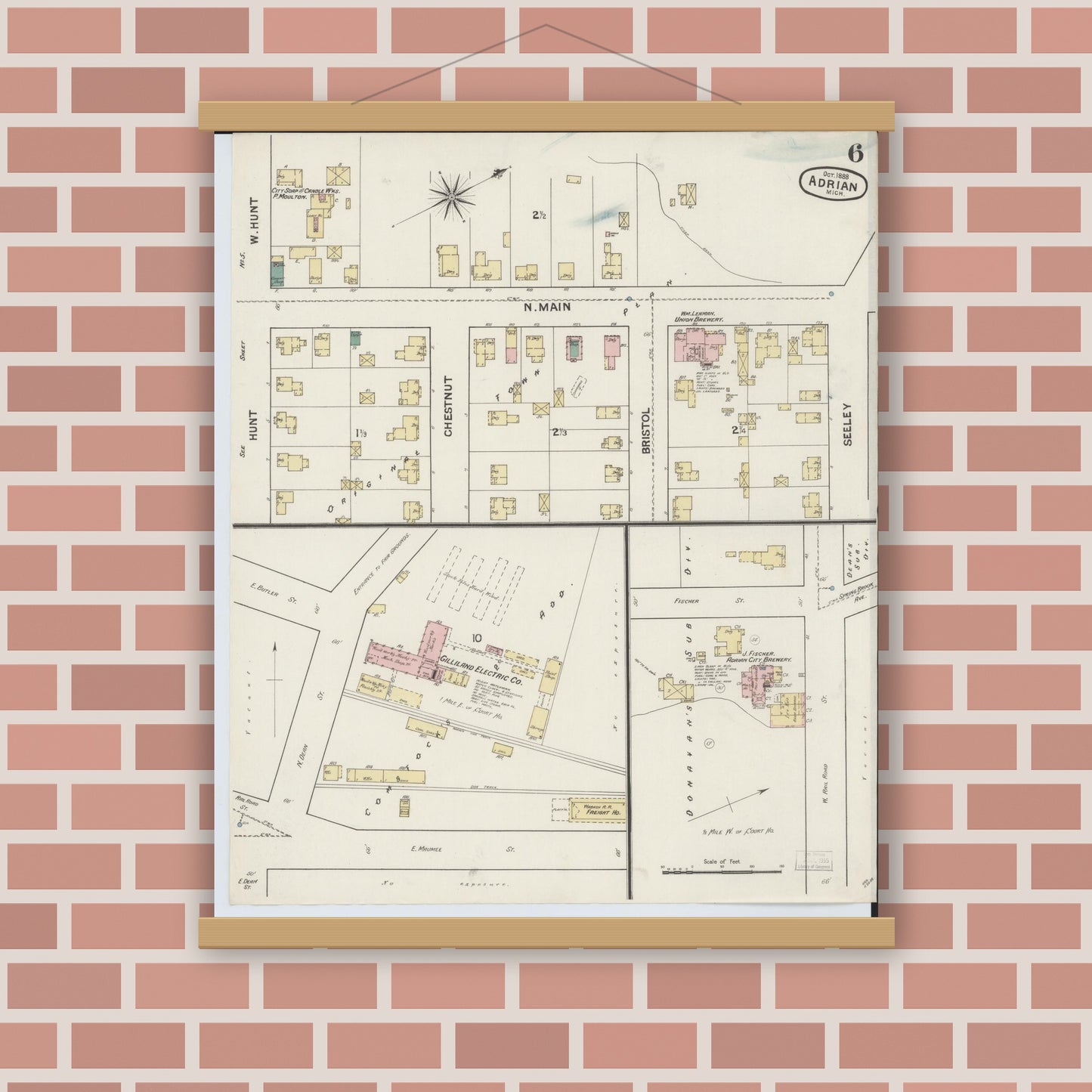 Old map wall art mockup — magnetic wood frame on brick wall — Sanborn Fire Insurance Map from Adrian, Lenawee County, Michigan (1888), Sheet #0006