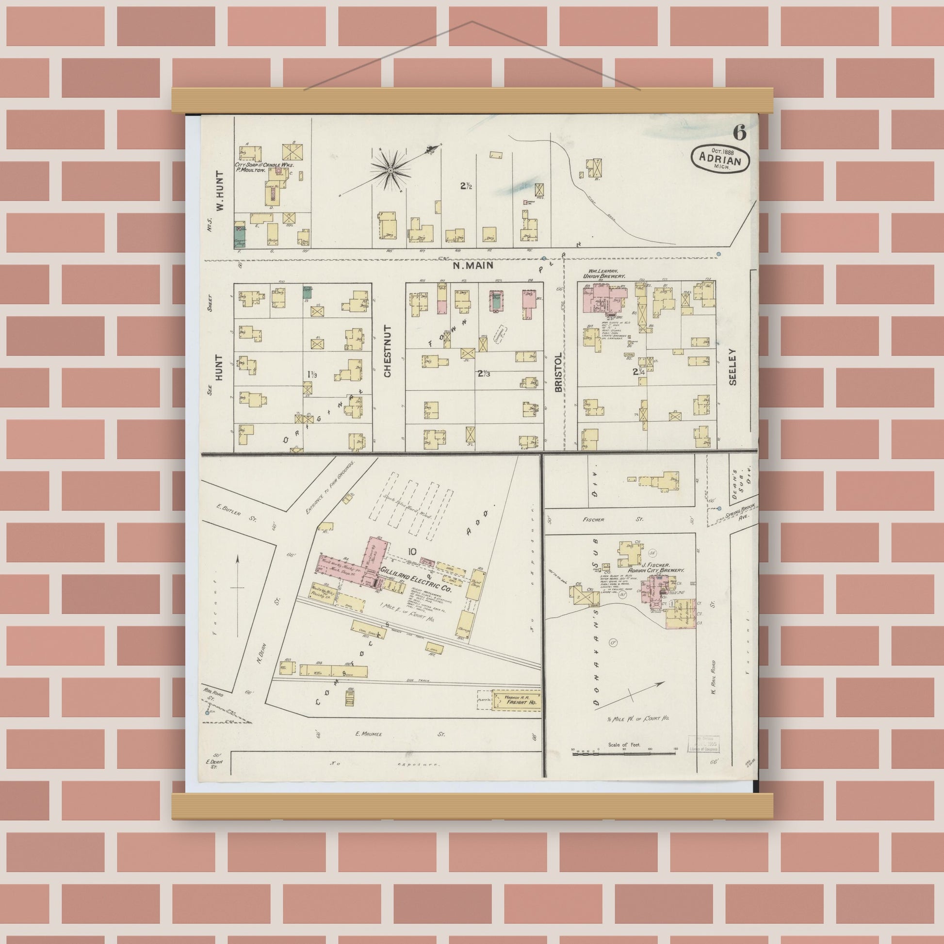 Old map wall art mockup — magnetic wood frame on brick wall — Sanborn Fire Insurance Map from Adrian, Lenawee County, Michigan (1888), Sheet #0006