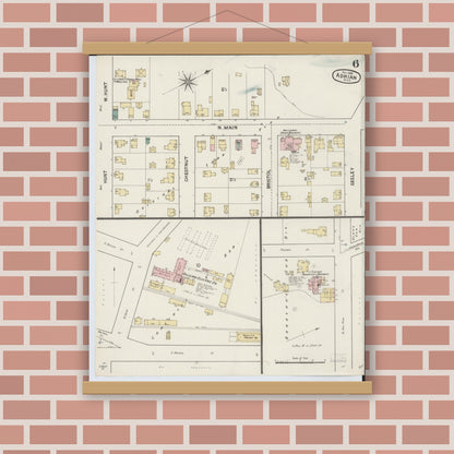 Old map wall art mockup — magnetic wood frame on brick wall — Sanborn Fire Insurance Map from Adrian, Lenawee County, Michigan (1888), Sheet #0006