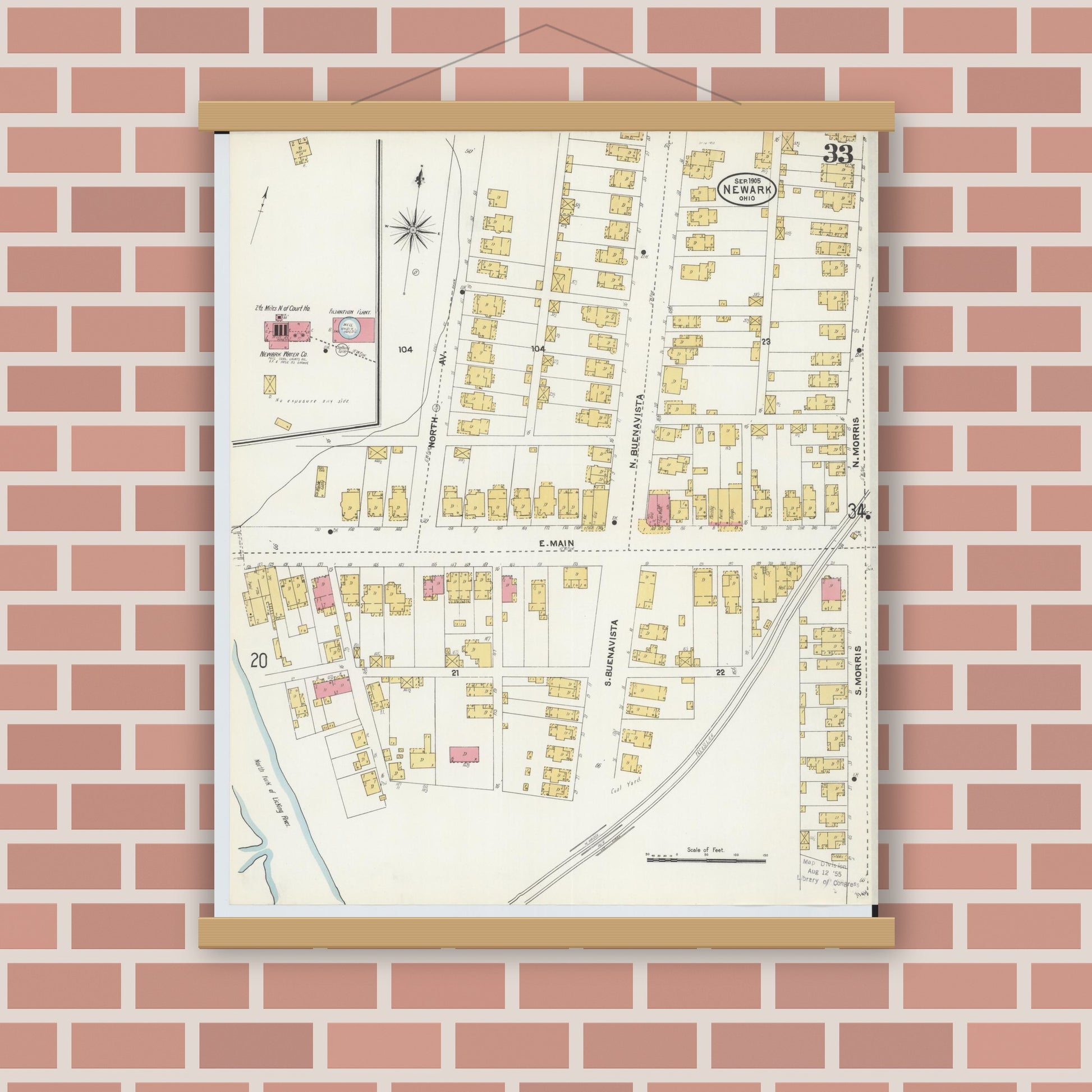 Old map wall art mockup — magnetic wood frame on brick wall — Sanborn Fire Insurance Map from Newark, Licking County, Ohio (1905), Sheet #0033