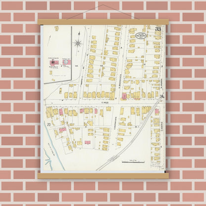 Old map wall art mockup — magnetic wood frame on brick wall — Sanborn Fire Insurance Map from Newark, Licking County, Ohio (1905), Sheet #0033