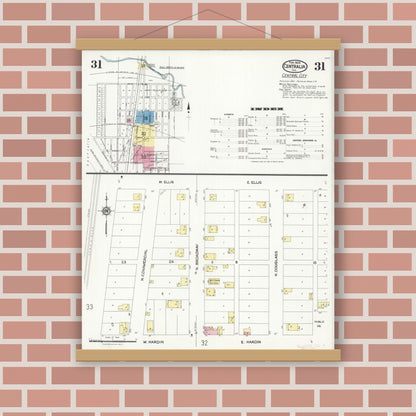 Old map wall art mockup — magnetic wood frame on brick wall — Sanborn Fire Insurance Map from Centralia, Marion, Clinton, Jefferson, and Washington Counties, Illinois (1924), Sheet #0031
