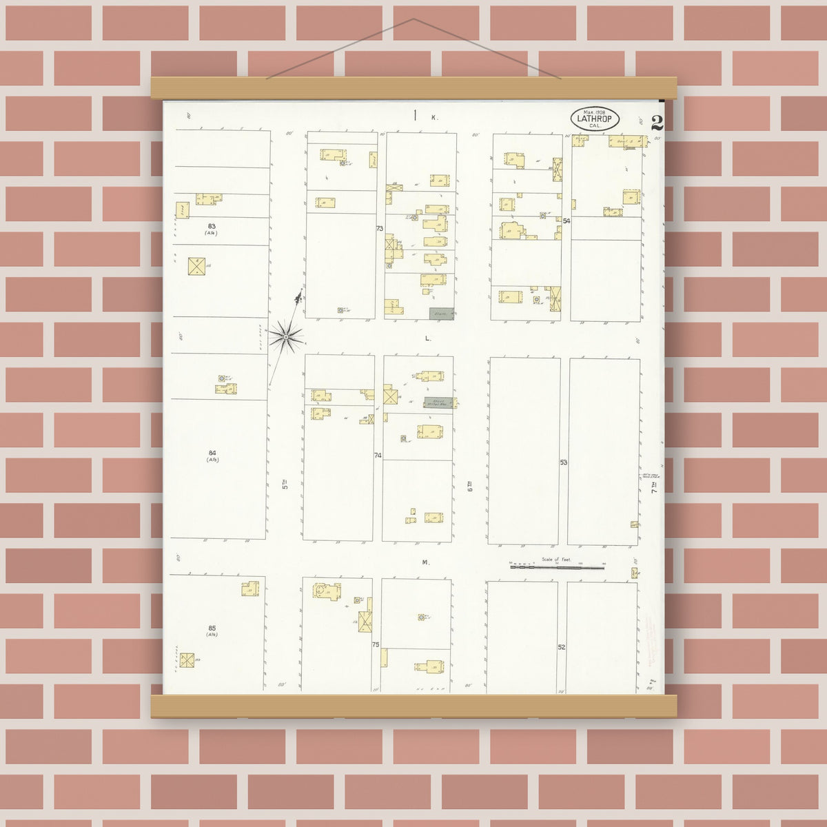 Old map wall art mockup — magnetic wood frame on brick wall — Sanborn Fire Insurance Map from Lathrop, San Joaquin County, California (1908), Sheet #0002