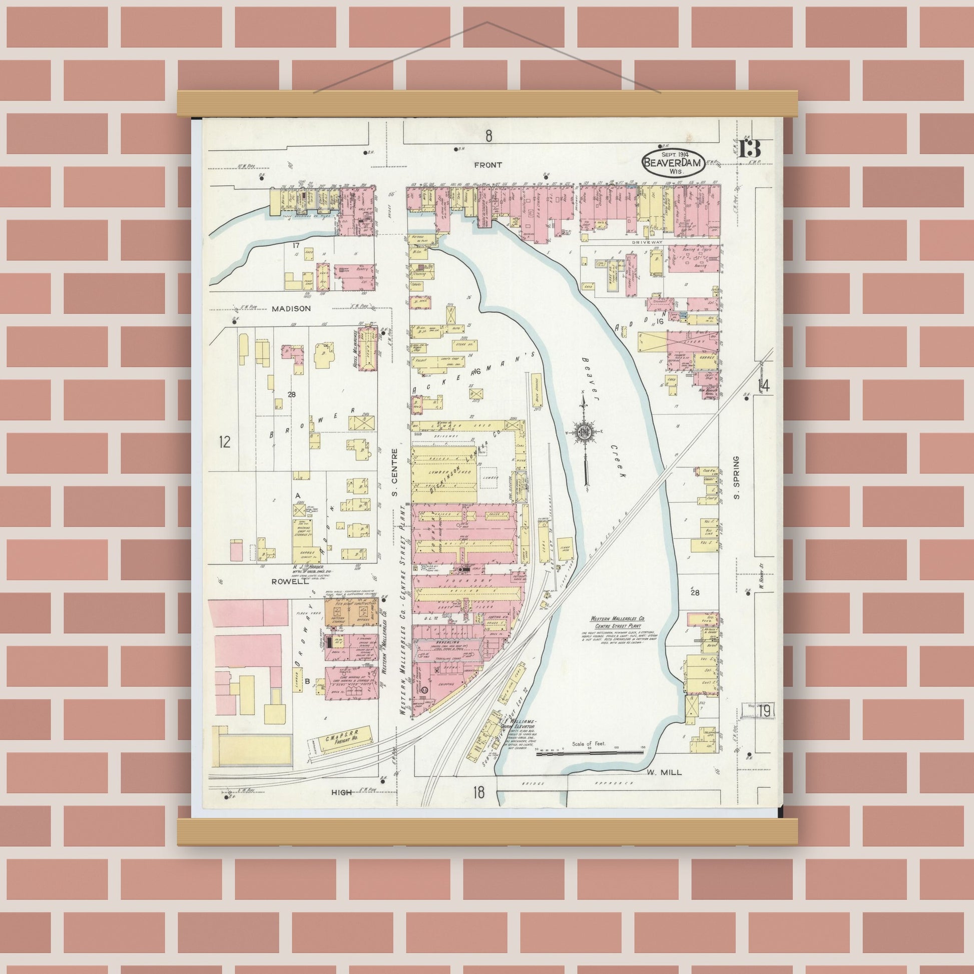 Old map wall art mockup — magnetic wood frame on brick wall — Sanborn Fire Insurance Map from Beaver Dam, Dodge County, Wisconsin (1914), Sheet #0013