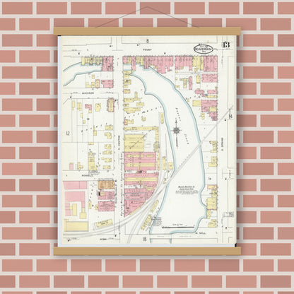 Old map wall art mockup — magnetic wood frame on brick wall — Sanborn Fire Insurance Map from Beaver Dam, Dodge County, Wisconsin (1914), Sheet #0013