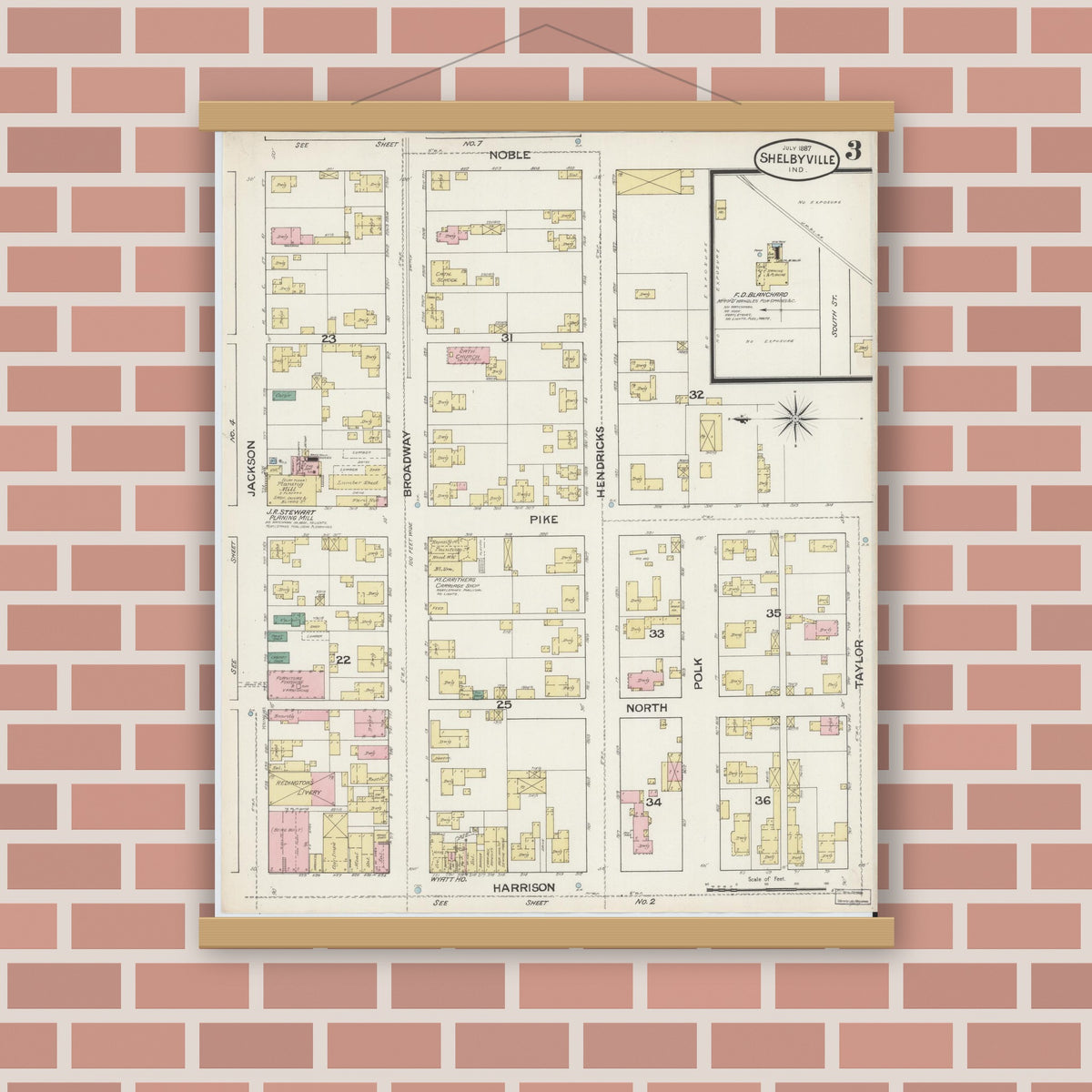Old map wall art mockup — magnetic wood frame on brick wall — Sanborn Fire Insurance Map from Shelbyville, Shelby County, Indiana (1887), Sheet #0003