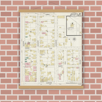 Old map wall art mockup — magnetic wood frame on brick wall — Sanborn Fire Insurance Map from Shelbyville, Shelby County, Indiana (1887), Sheet #0003