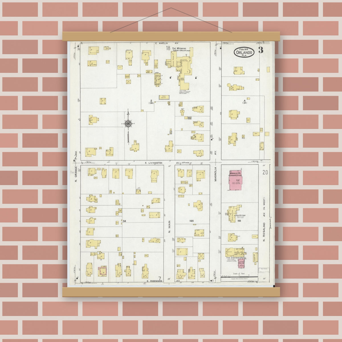 Old map wall art mockup — magnetic wood frame on brick wall — Sanborn Fire Insurance Map from Orlando, Orange County, Florida (1919), Sheet #0003