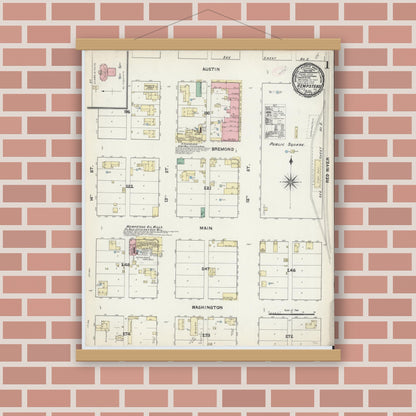 Old map wall art mockup — magnetic wood frame on brick wall — Sanborn Fire Insurance Map from Hempstead, Waller County, Texas (1891) - Complete Map Set