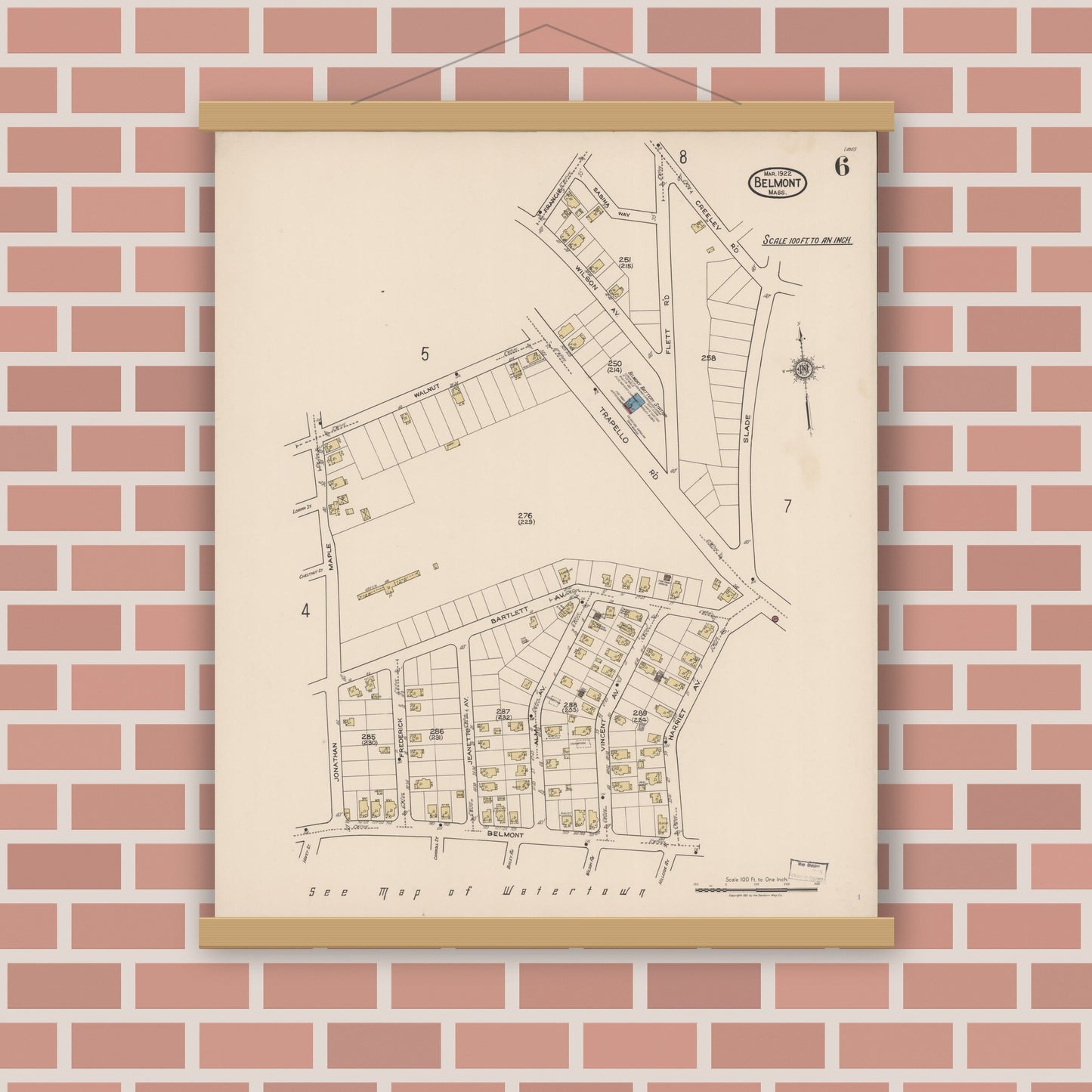 Old map wall art mockup — magnetic wood frame on brick wall — Sanborn Fire Insurance Map from Belmont, Middlesex County, Massachusetts (1922), Sheet #0006