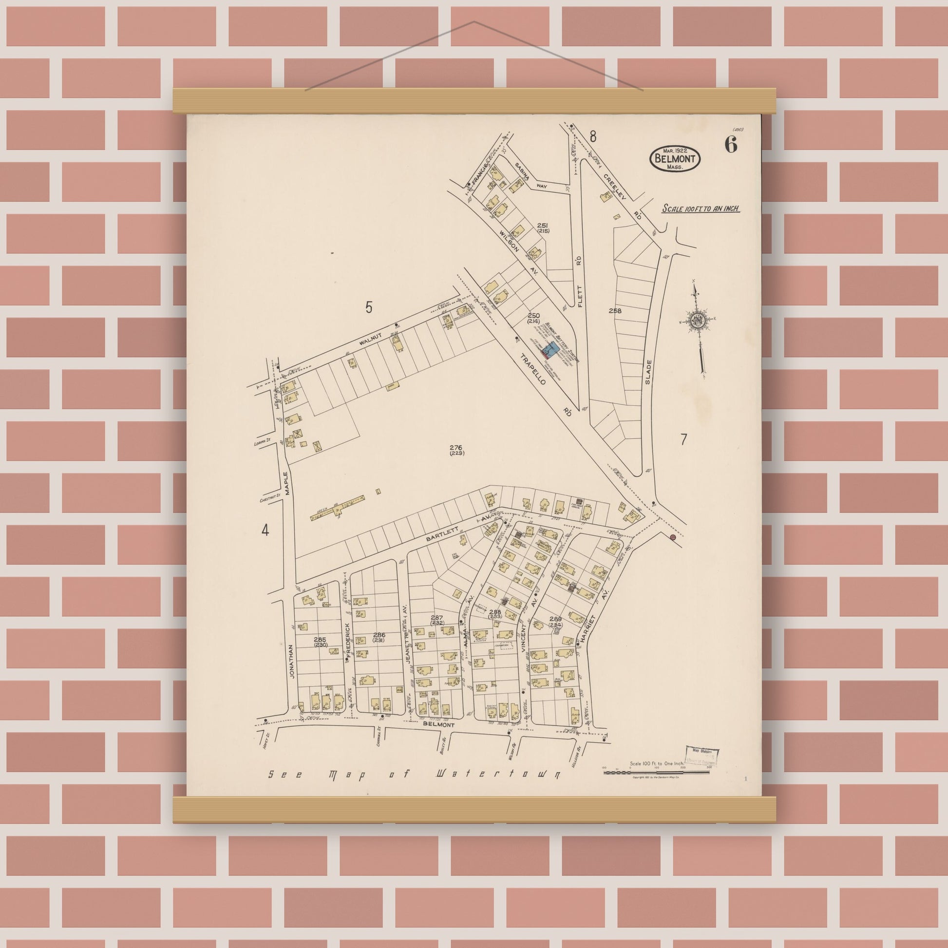 Old map wall art mockup — magnetic wood frame on brick wall — Sanborn Fire Insurance Map from Belmont, Middlesex County, Massachusetts (1922), Sheet #0006