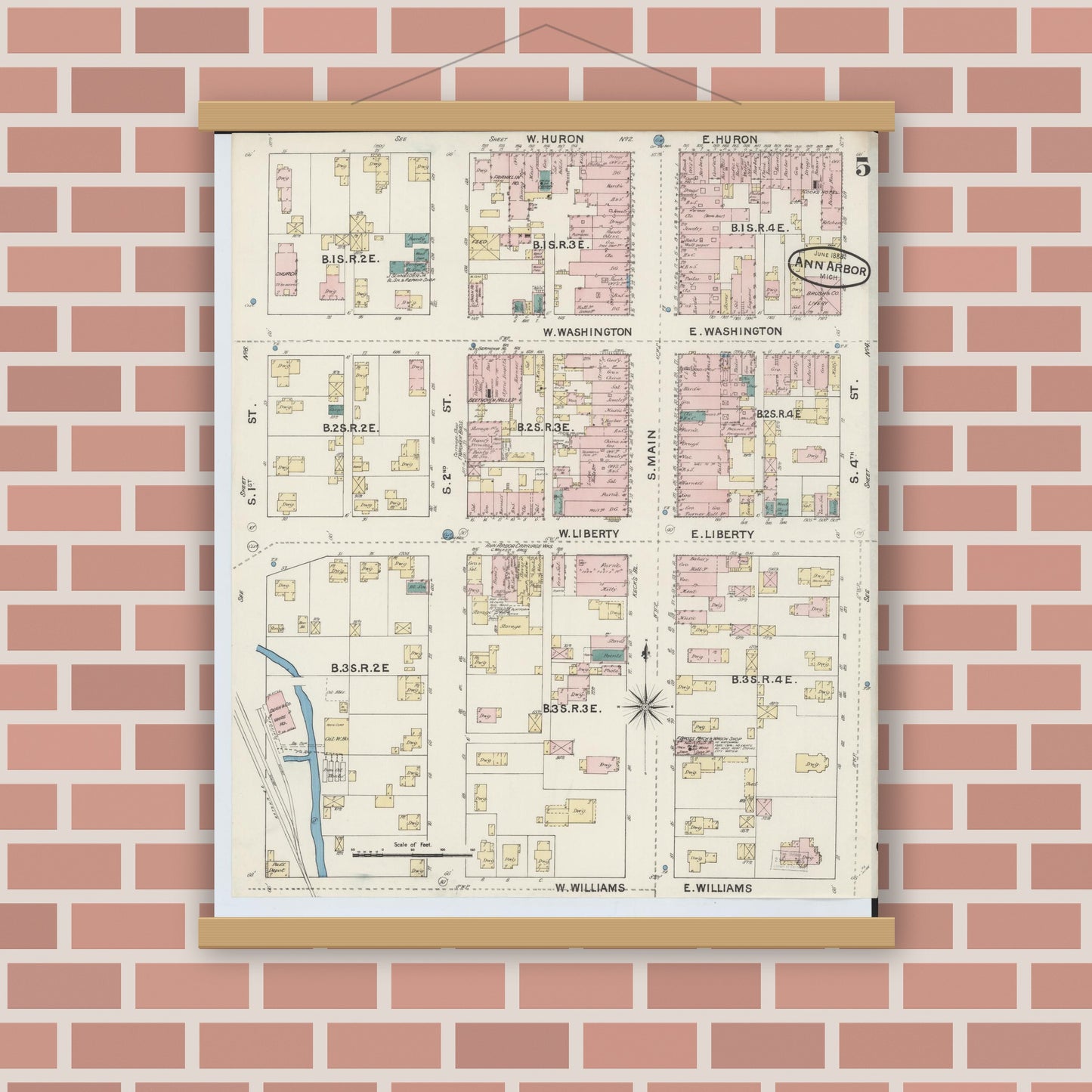 Old map wall art mockup — magnetic wood frame on brick wall — Sanborn Fire Insurance Map from Ann Arbor, Washtenaw County, Michigan (1888), Sheet #0005