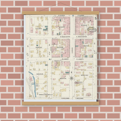 Old map wall art mockup — magnetic wood frame on brick wall — Sanborn Fire Insurance Map from Ann Arbor, Washtenaw County, Michigan (1888), Sheet #0005