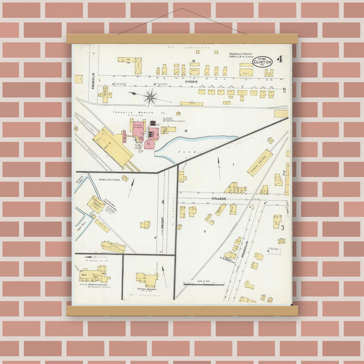 Old map wall art mockup — magnetic wood frame on brick wall — Sanborn Fire Insurance Map from Clinton, Oneida County, New York (1904), Sheet #0004