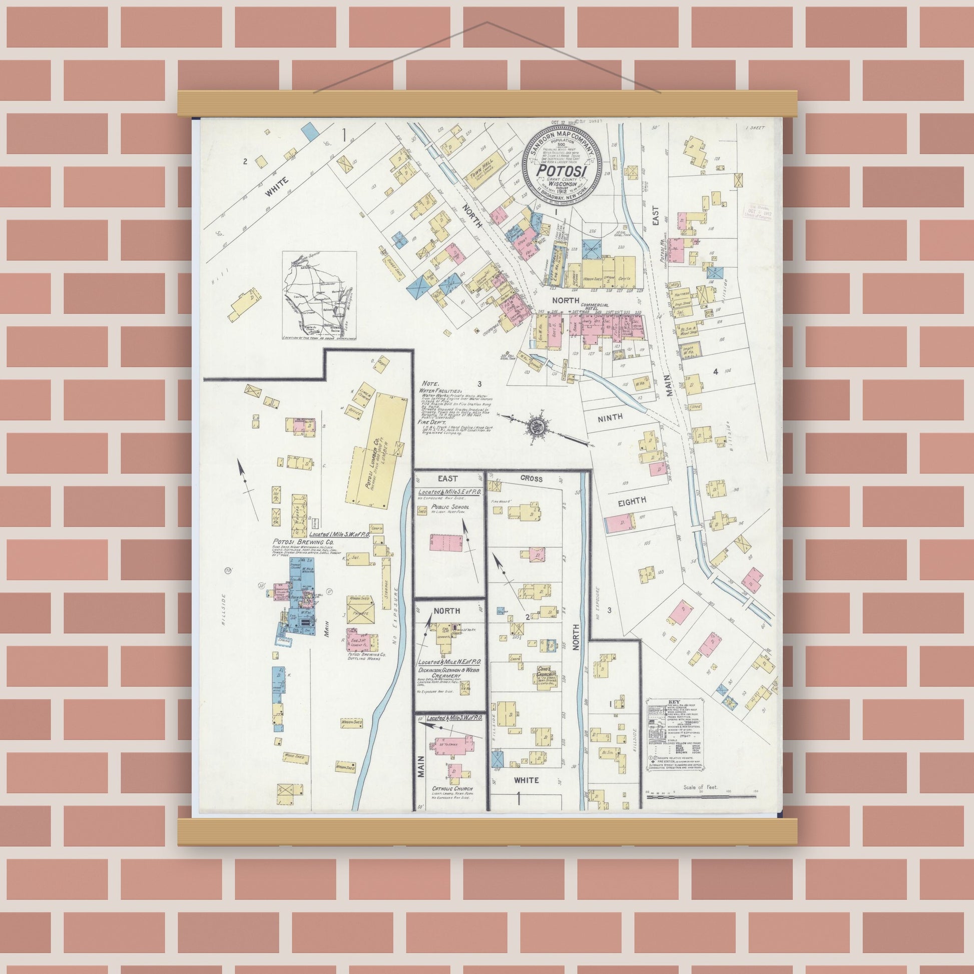 Old map wall art mockup — magnetic wood frame on brick wall — Sanborn Fire Insurance Map from Potosi, Grant County, Wisconsin (1912), Sheet #0001