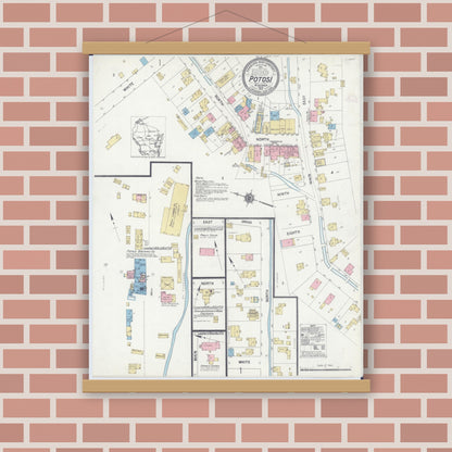 Old map wall art mockup — magnetic wood frame on brick wall — Sanborn Fire Insurance Map from Potosi, Grant County, Wisconsin (1912), Sheet #0001