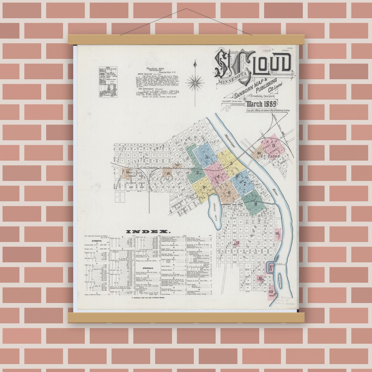 Old map wall art mockup — magnetic wood frame on brick wall — Sanborn Fire Insurance Map from Saint Cloud, Stearns, Benton, and Sherburne Counties, Minnesota (1889) - Complete Map Set