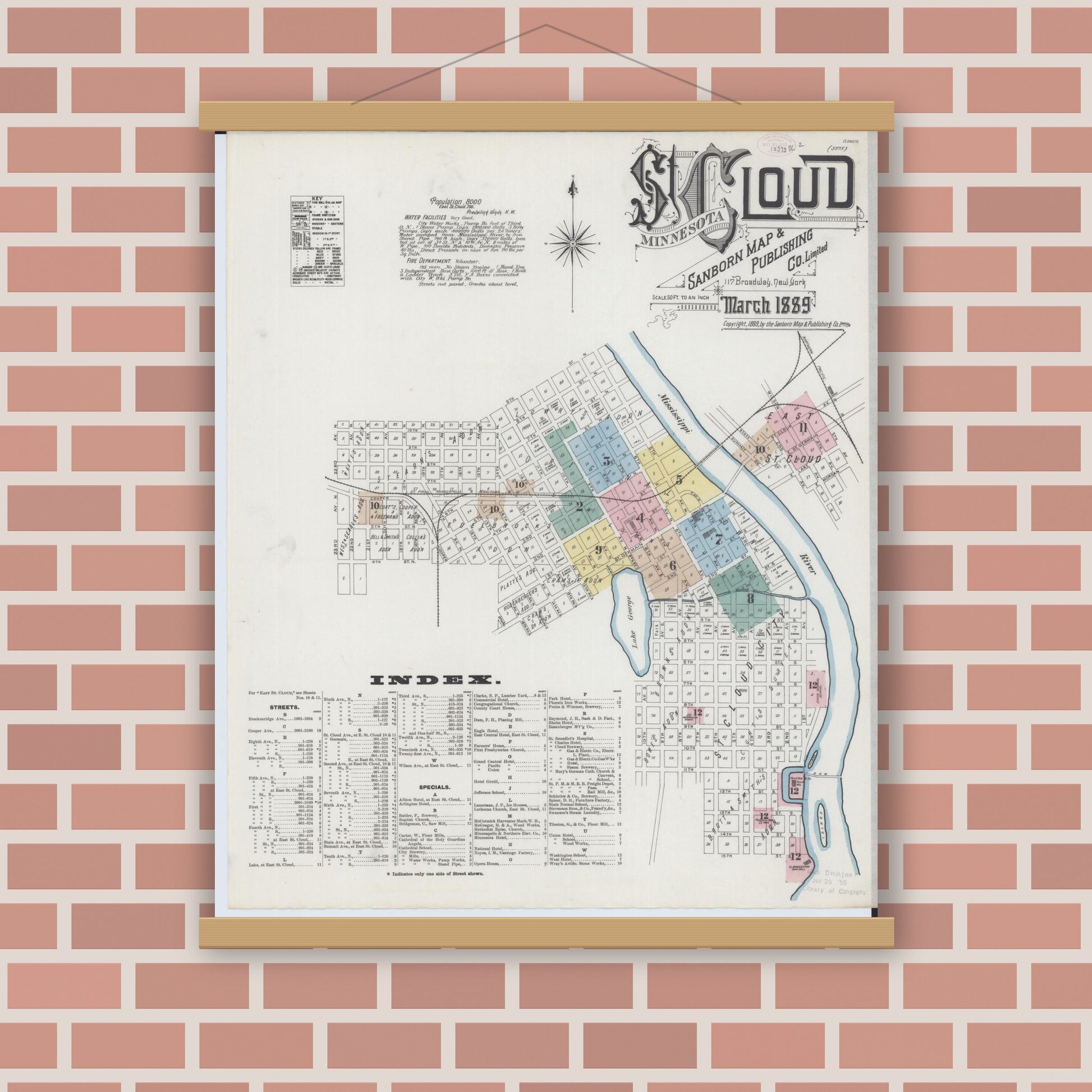 Old map wall art mockup — magnetic wood frame on brick wall — Sanborn Fire Insurance Map from Saint Cloud, Stearns, Benton, and Sherburne Counties, Minnesota (1889) - Complete Map Set