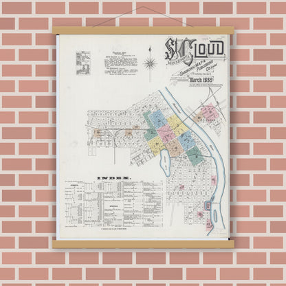 Old map wall art mockup — magnetic wood frame on brick wall — Sanborn Fire Insurance Map from Saint Cloud, Stearns, Benton, and Sherburne Counties, Minnesota (1889) - Complete Map Set