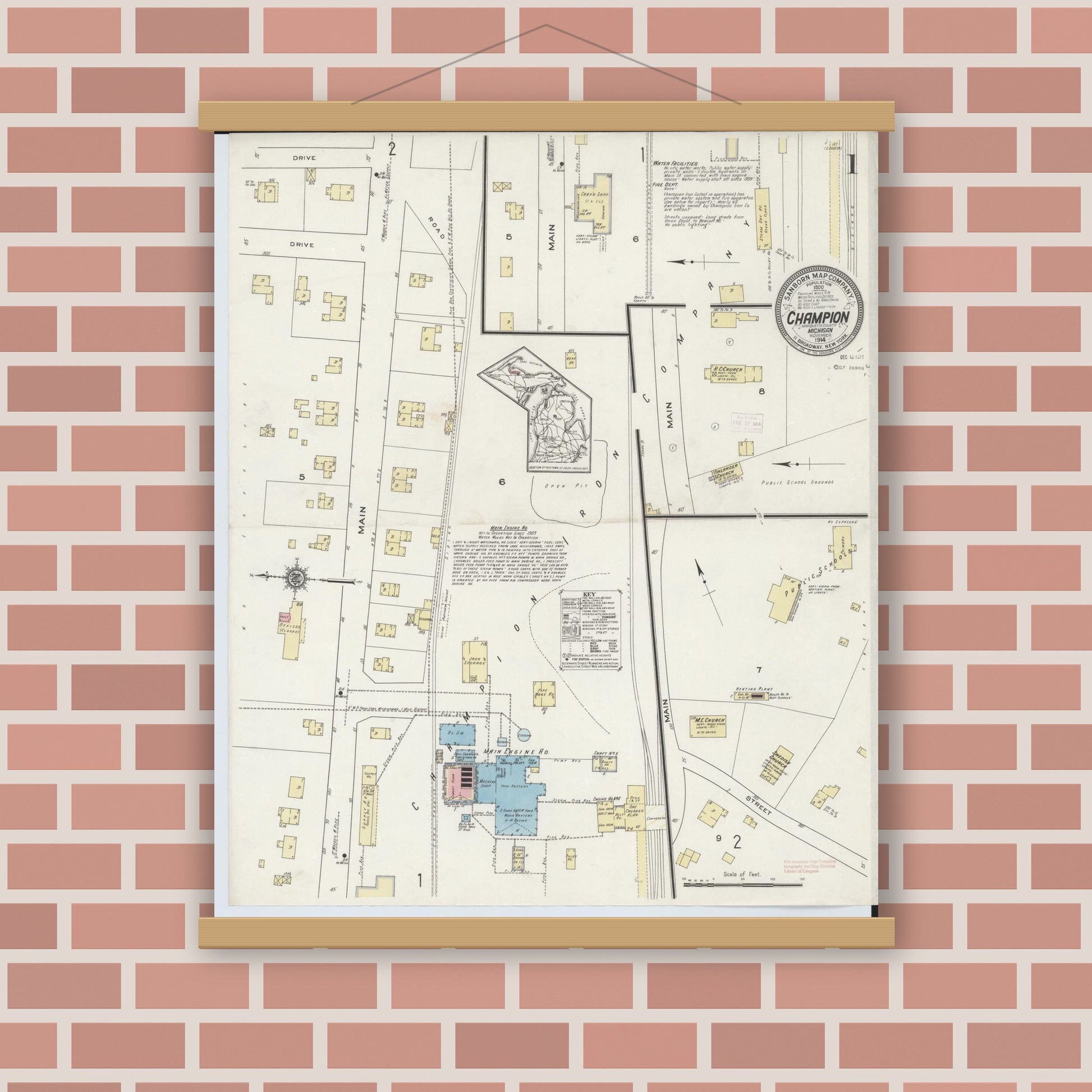 Old map wall art mockup — magnetic wood frame on brick wall — Sanborn Fire Insurance Map from Champion, Marquette County, Michigan (1914) - Complete Map Set