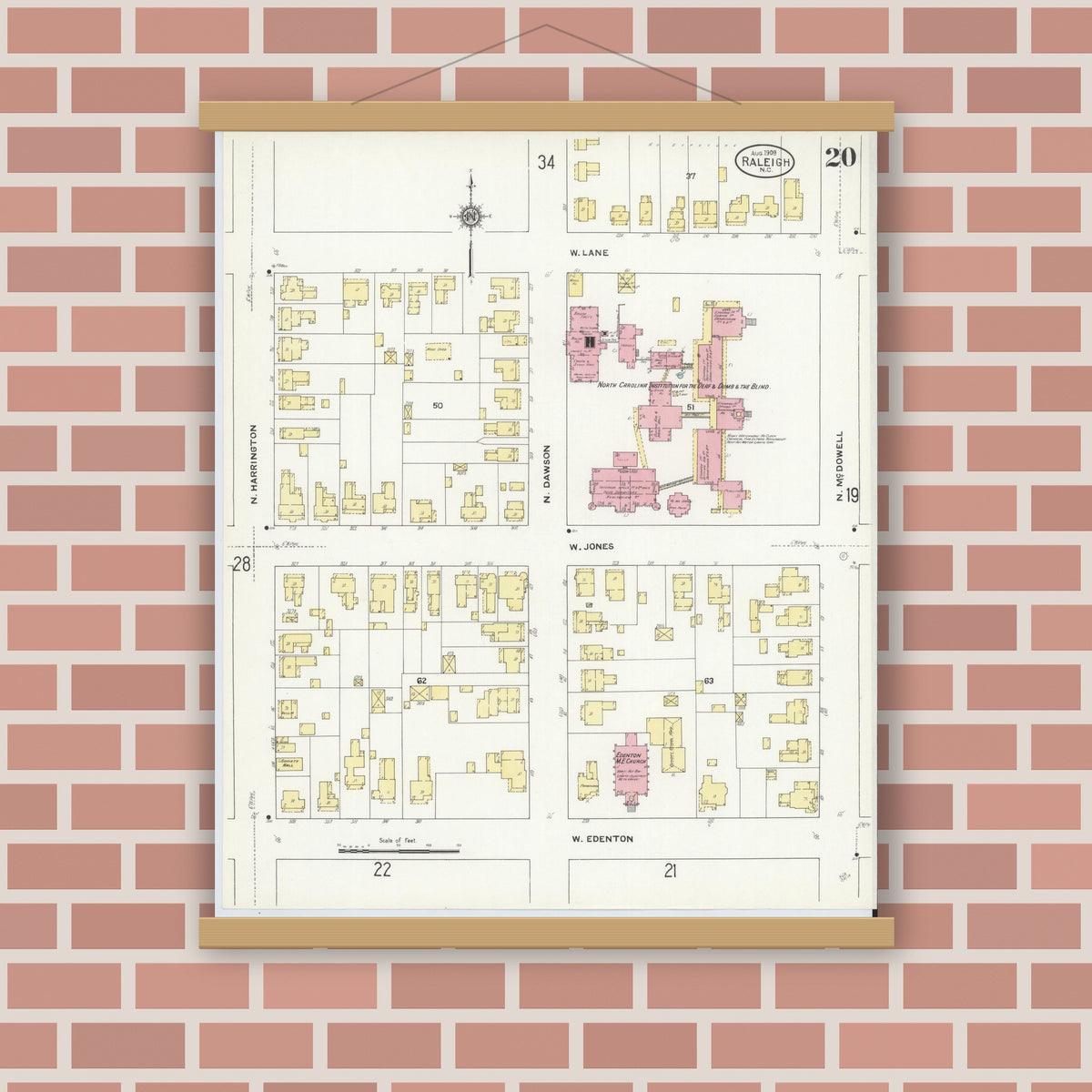Old map wall art mockup — magnetic wood frame on brick wall — Sanborn Fire Insurance Map from Raleigh, Wake County, North Carolina (1909), Sheet #0020
