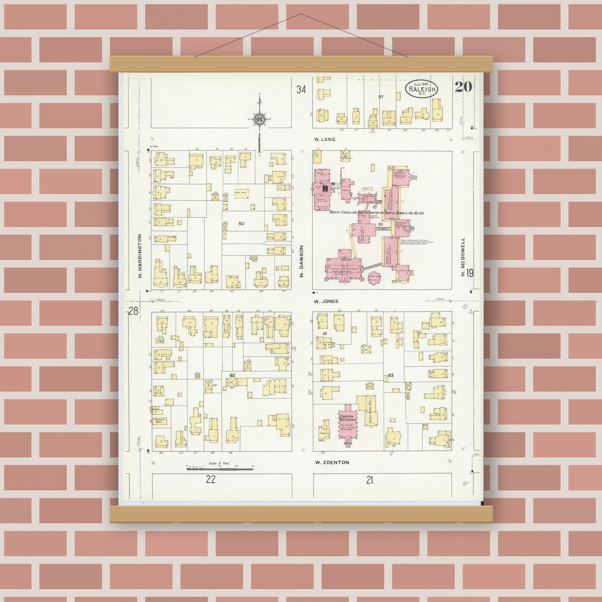 Old map wall art mockup — magnetic wood frame on brick wall — Sanborn Fire Insurance Map from Raleigh, Wake County, North Carolina (1909), Sheet #0020