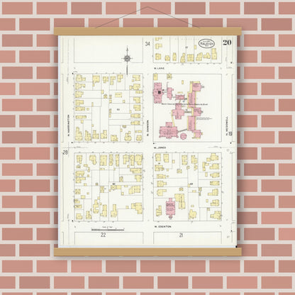 Old map wall art mockup — magnetic wood frame on brick wall — Sanborn Fire Insurance Map from Raleigh, Wake County, North Carolina (1909), Sheet #0020